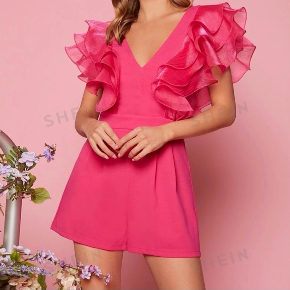 SHEIN Ruffled V-Neck Romper Hot Pink Size Medium Barbie Wicked